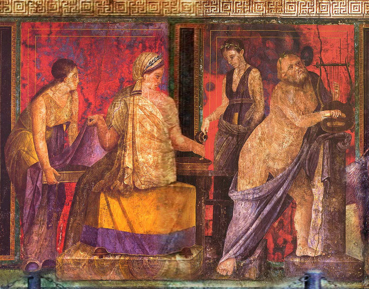 Roman fresco on a red ground: a seated woman in a yellow and white mantle performs a rite at a table while attendants assist her, and an old Silenus plays a lyre on a pillar beside them