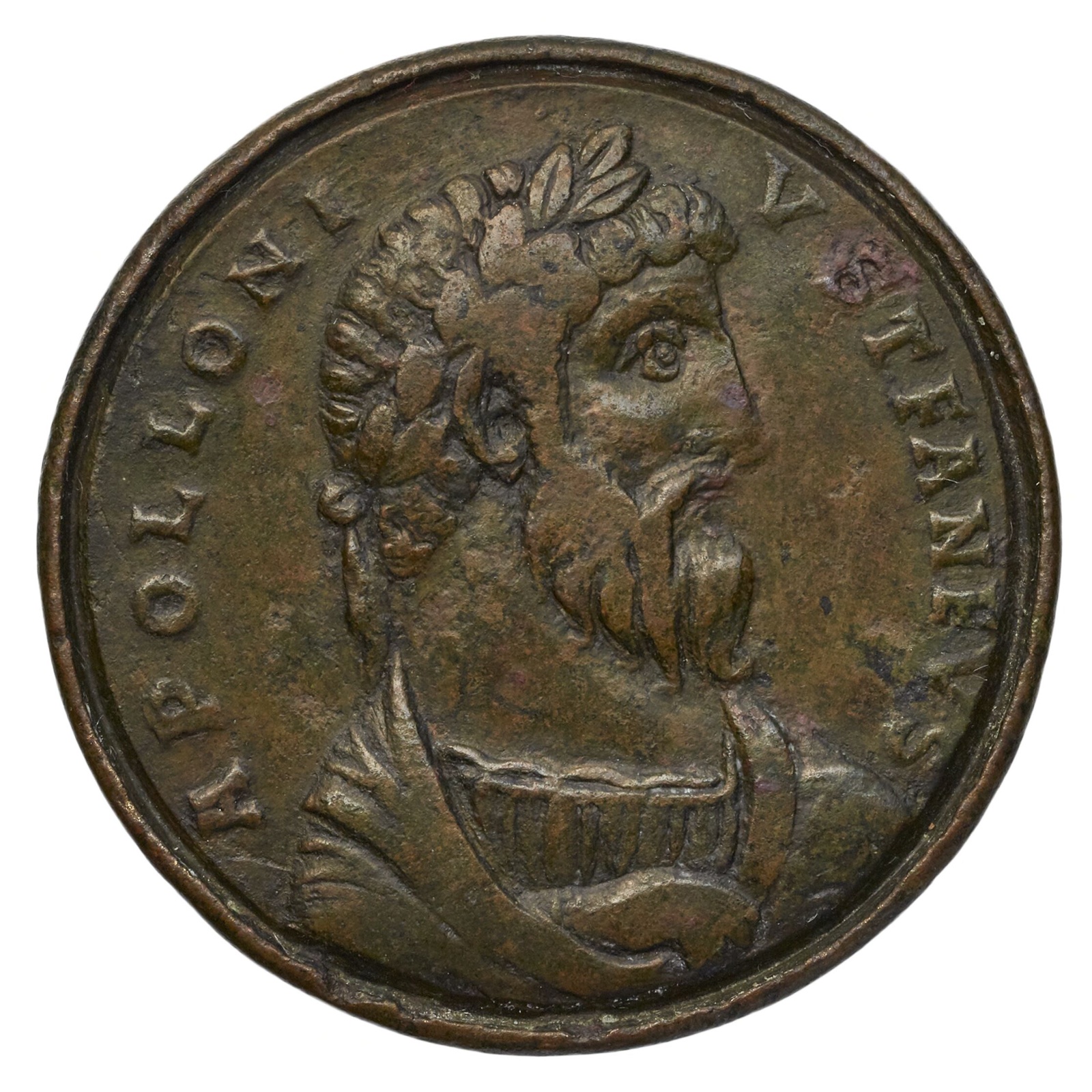 A bronze medallion with the bearded, laureate head of Apollonius of Tyana in profile and the Latin legend APOLLONIVS TEANEVS around the rim.