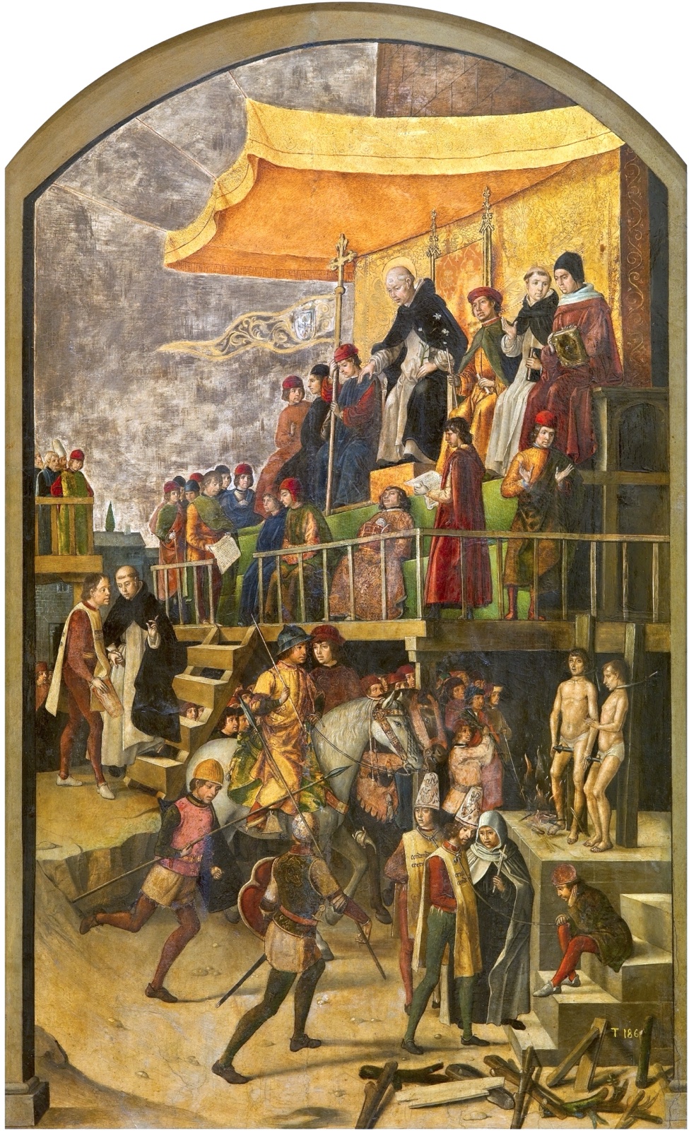 Saint Dominic sits enthroned under a canopy on a high tribunal while below him condemned men in penitential robes are led away and two are bound to stakes over a fire.
