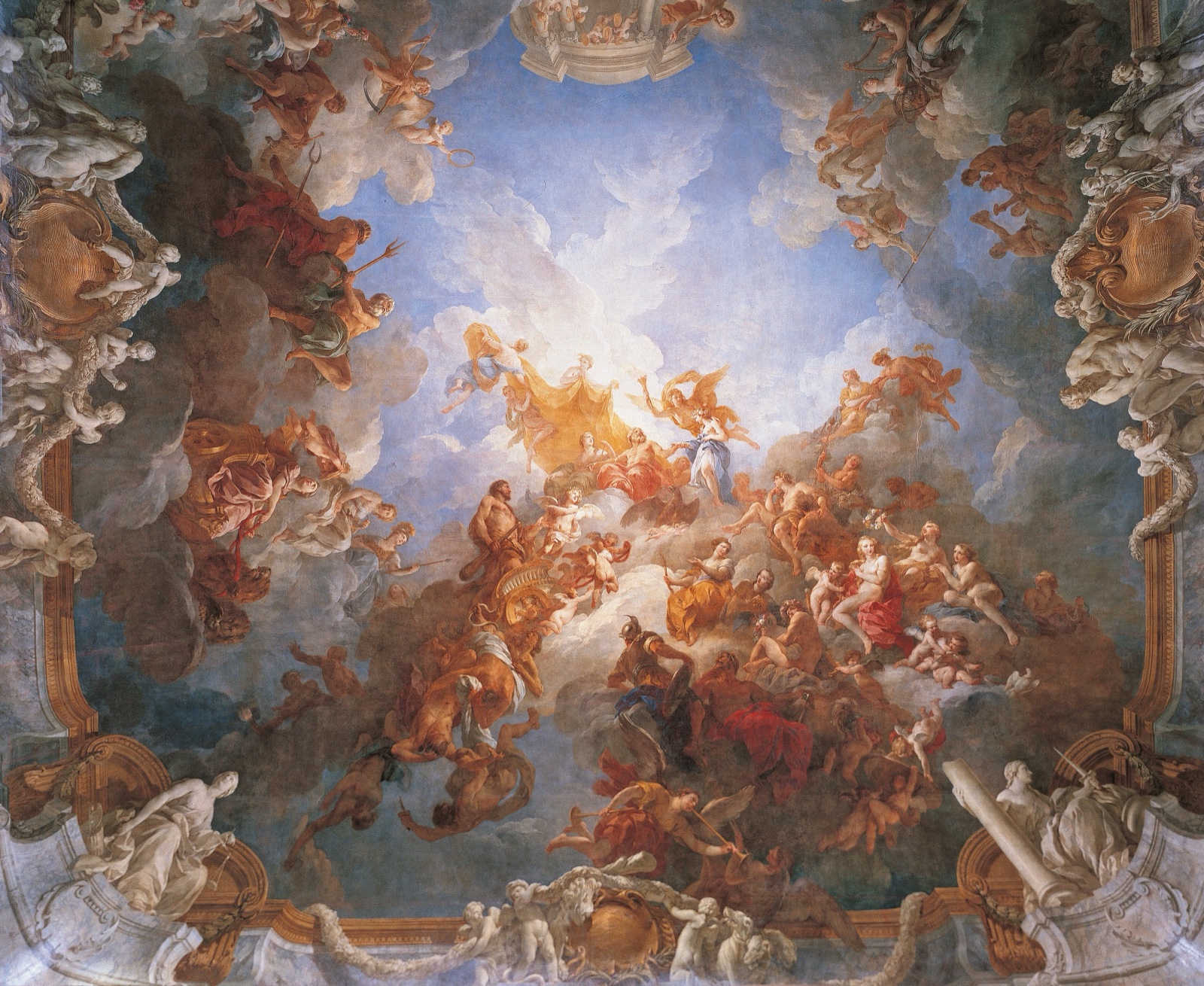 A vast painted ceiling of clouds and gods in which Hercules rides a chariot up towards Jupiter and Juno, surrounded by dozens of Olympian figures.