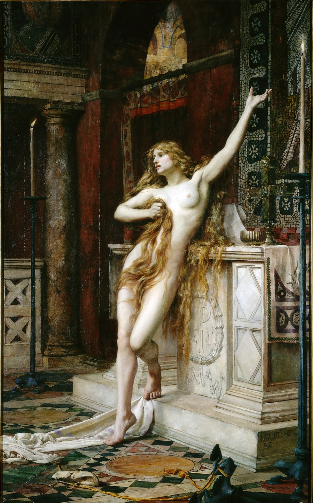 A naked woman with long hair stands before an altar in a church interior, one arm raised, her robe fallen at her feet.