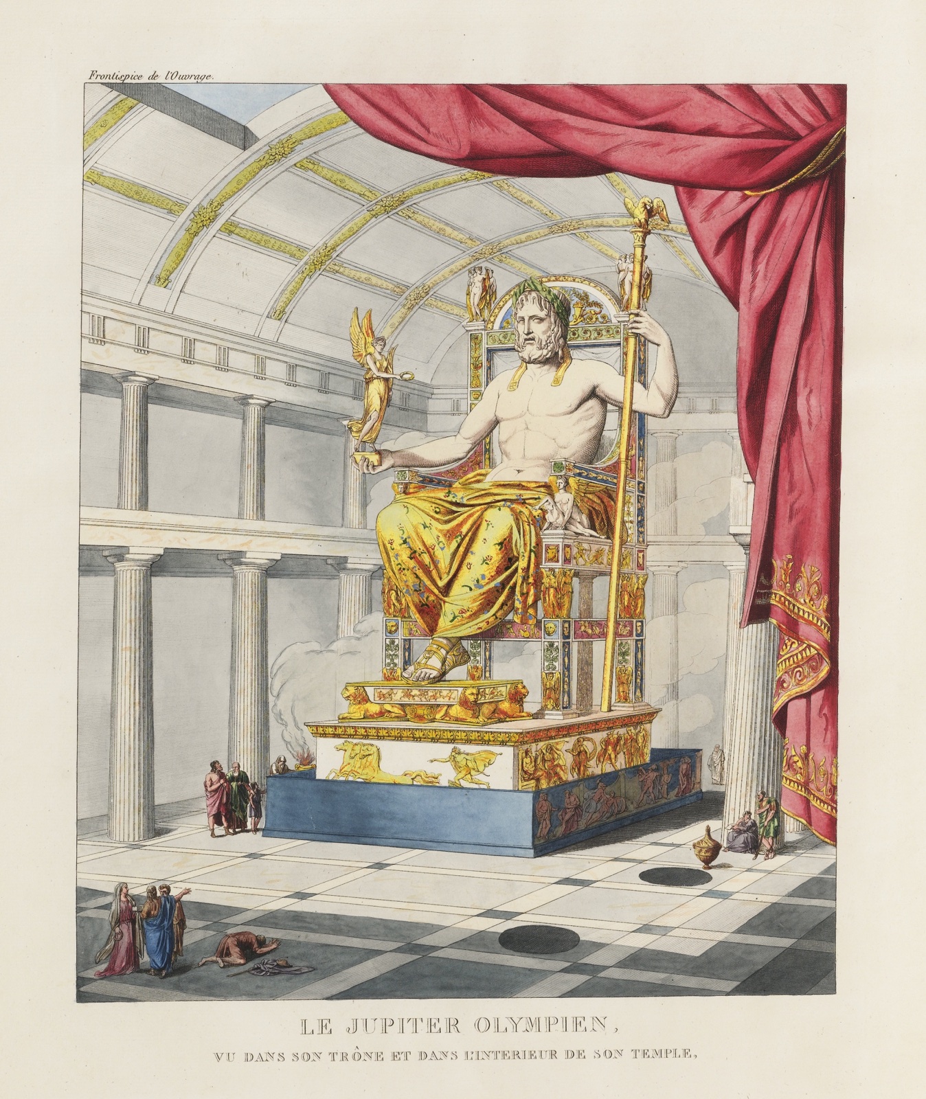 A coloured engraving of the gold and ivory statue of Zeus enthroned inside his temple at Olympia, with a small figure of Victory in his hand and a red curtain drawn back.