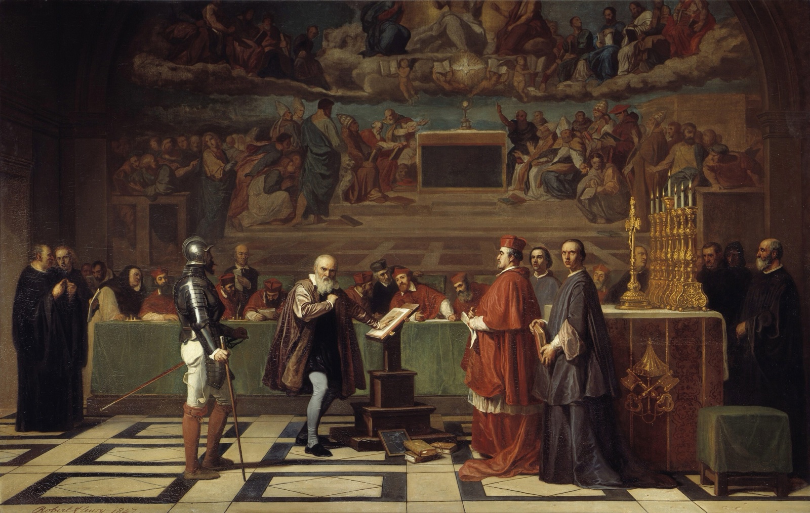 Galileo, in dark clothes, stands before seated cardinals and Dominican friars in a richly decorated hall, his hand on an open book.