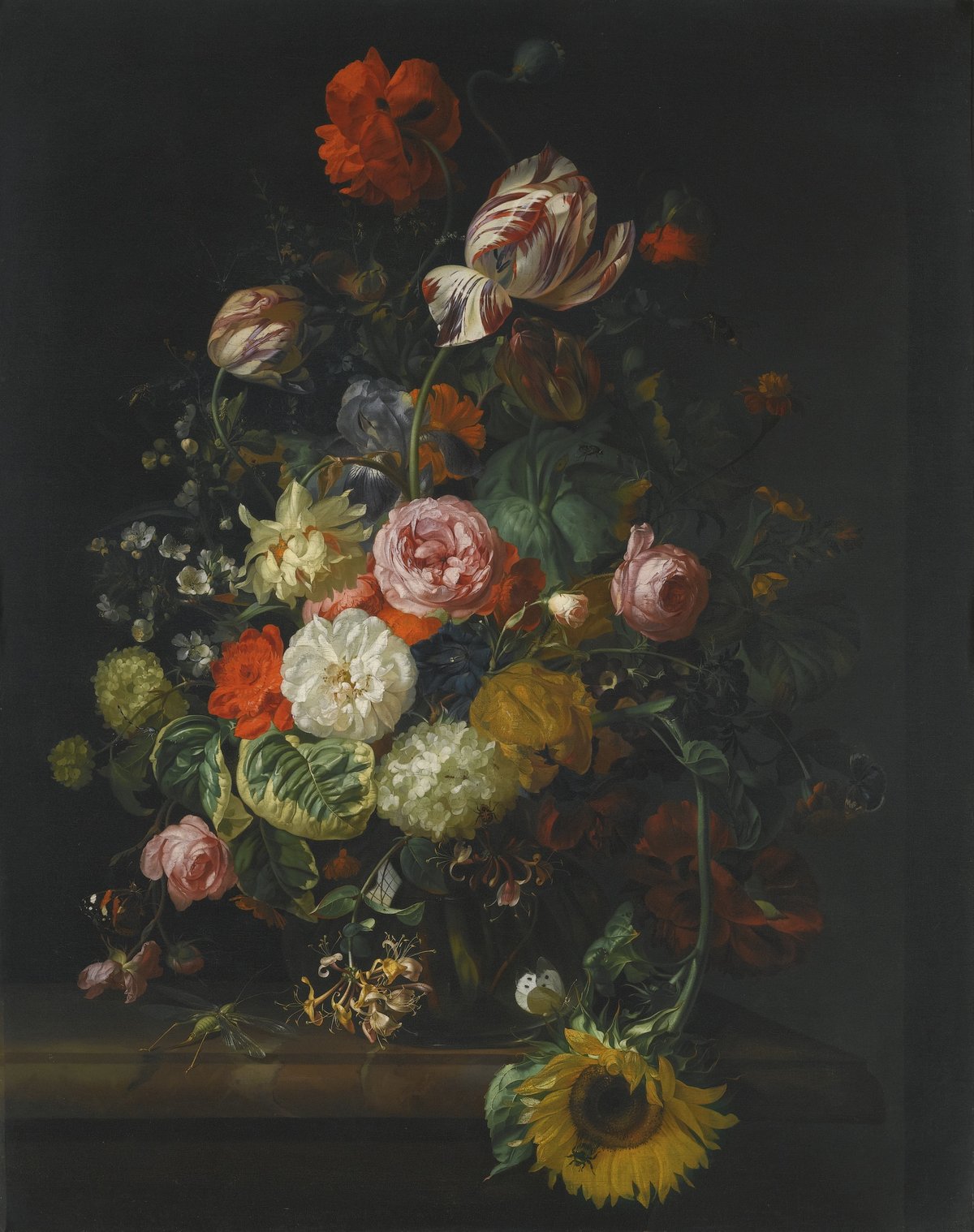 Rachel Ruysch, Flower Still Life (1710), roses, tulips, and a sunflower in a glass vase