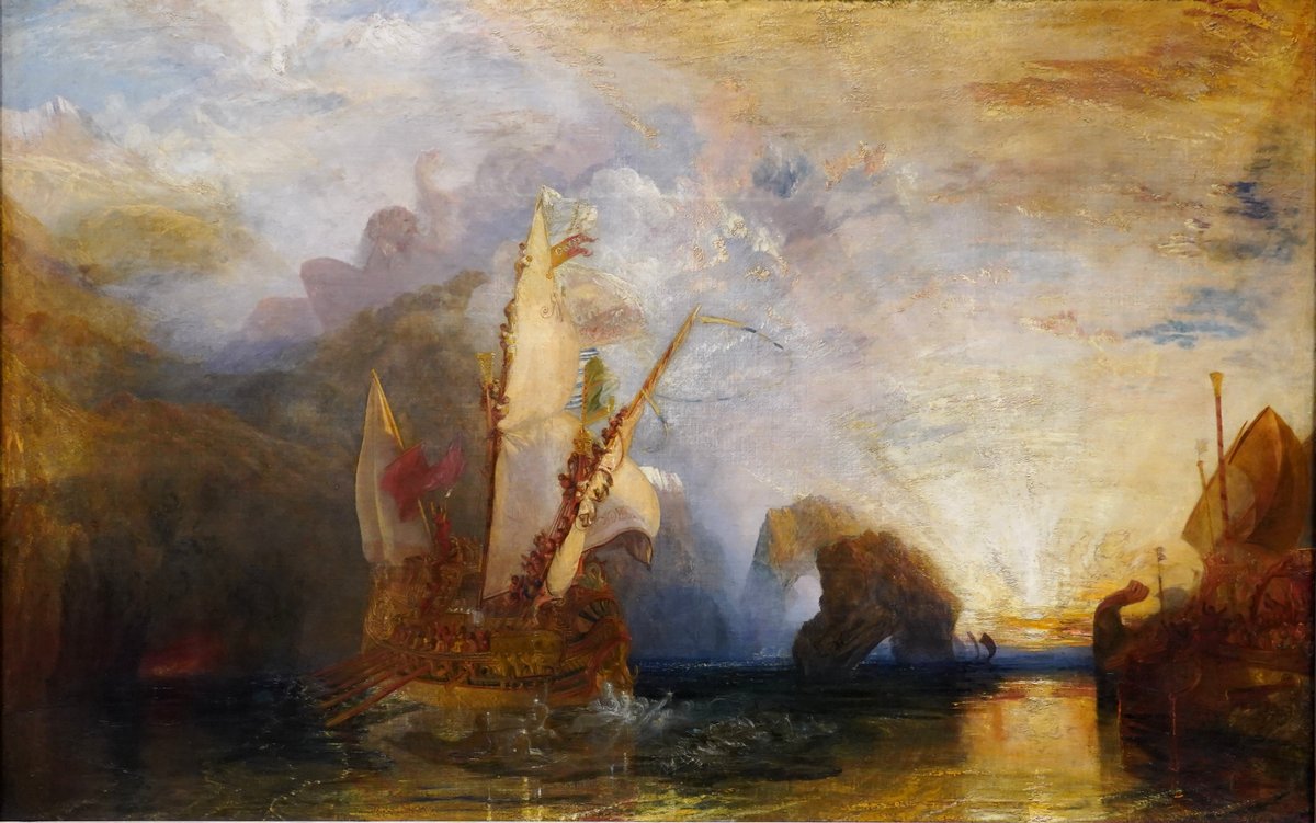 J.M.W. Turner, Ulysses Deriding Polyphemus (1829), Odysseus's ship sailing at dawn