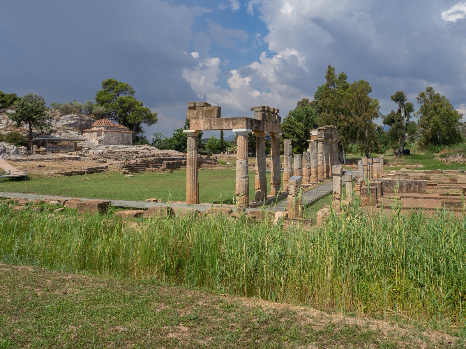 View of the ancient site of Brauron with the Temple of Artemis and the church of Saint George.