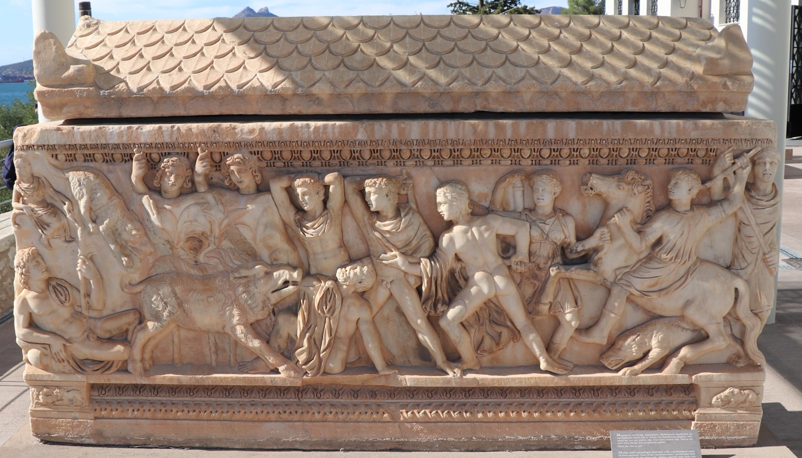 Sarcophagus relief showing the hunters of the Calydonian boar closing on the beast.