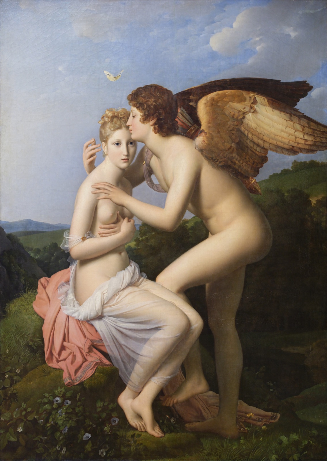 Painting of Cupid kissing the forehead of the seated Psyche, with a small butterfly above her head.