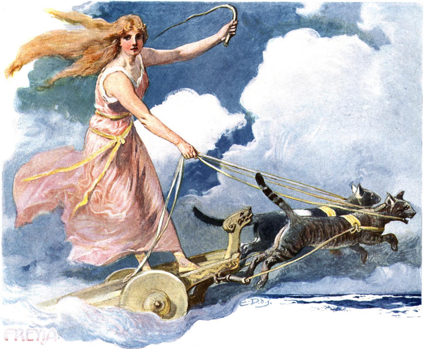 Illustration of the goddess Freyja riding in a chariot drawn by cats.