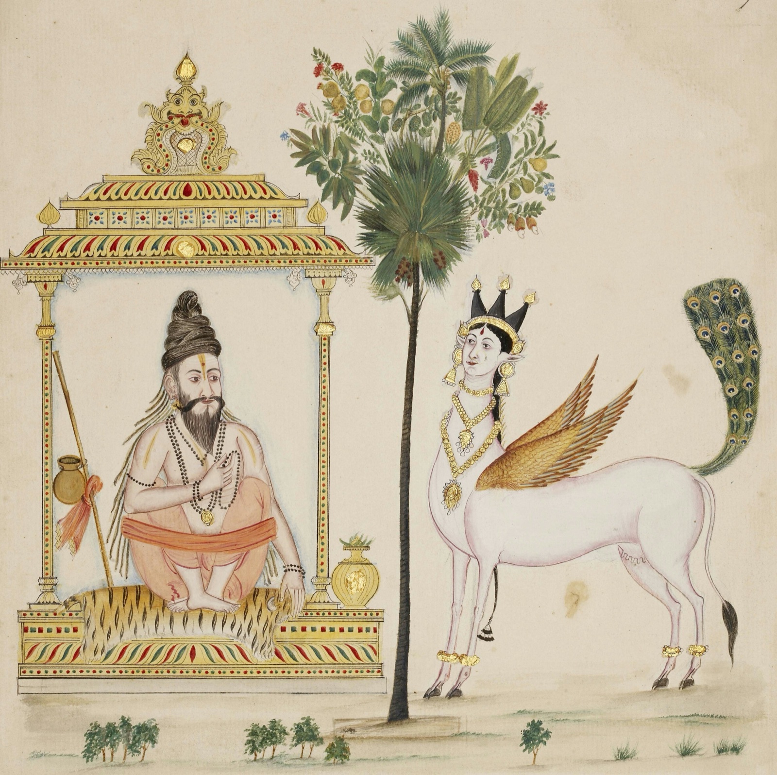 Painting of a seated sage with rosary, water-pot and staff, beside the Parijata tree and the cow Kamadhenu.