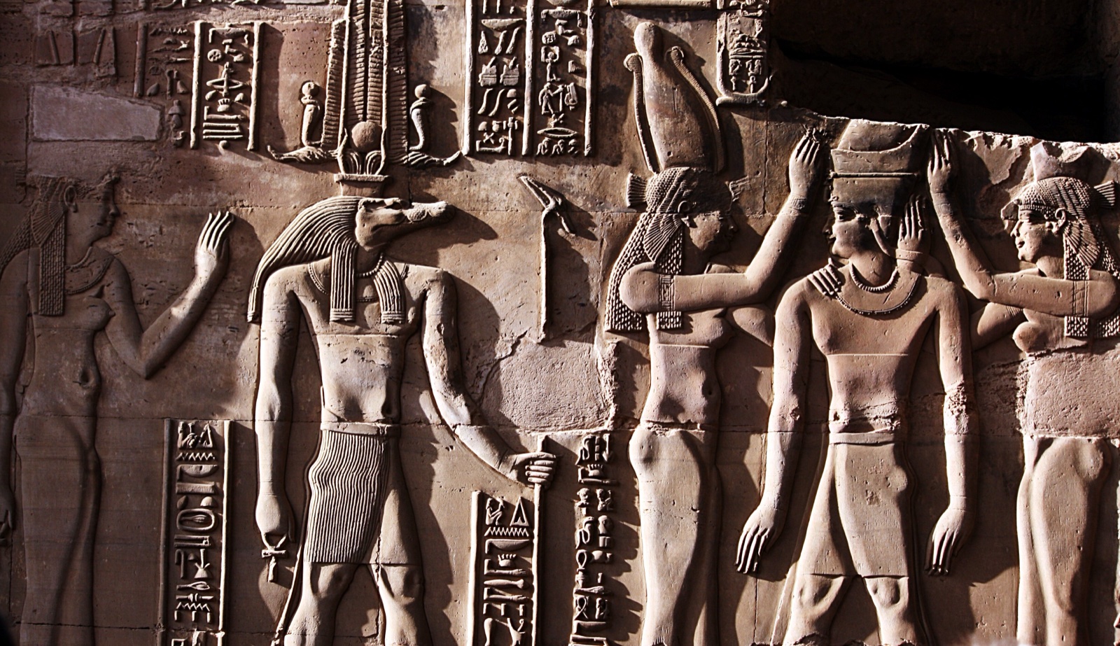 Carved sandstone wall relief of a crocodile-headed God wearing a tall crown, shown in profile.