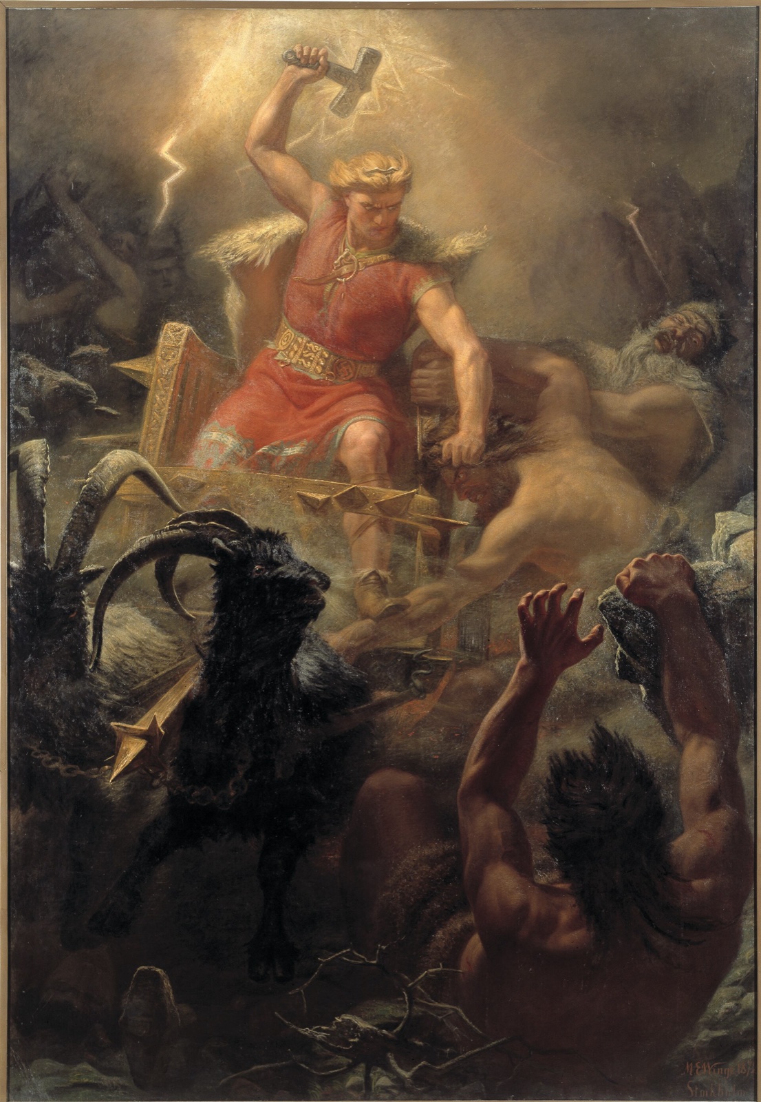 Painting of Thor swinging His hammer from a chariot drawn by 2 goats through a stormy sky against the giants.