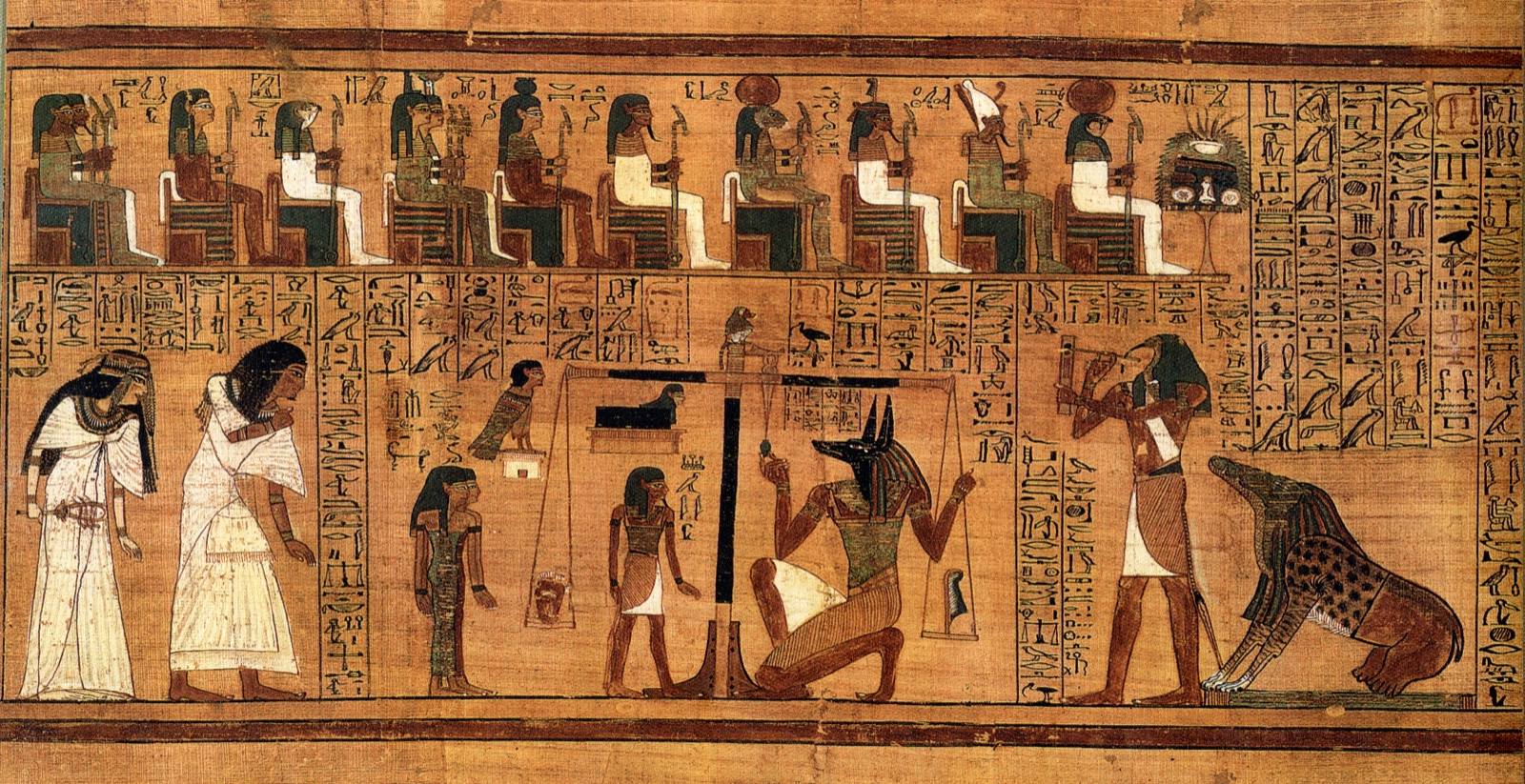 Painted papyrus scene: a jackal-headed god at a tall balance weighs a heart against a feather while gods and a monster look on.