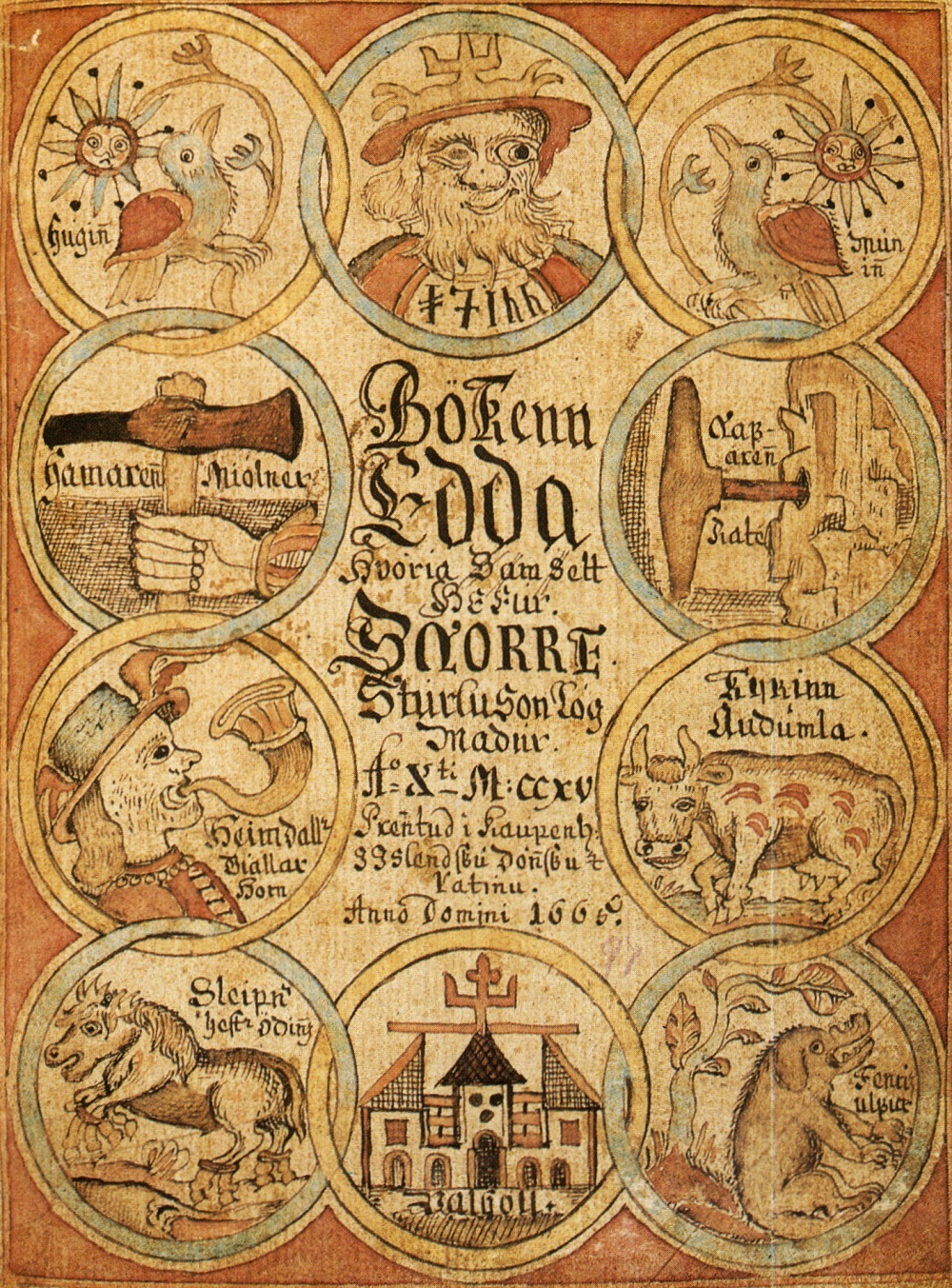 Illustrated manuscript page with figures from Norse myth, among them Odin, Heimdallr and the horse Sleipnir.