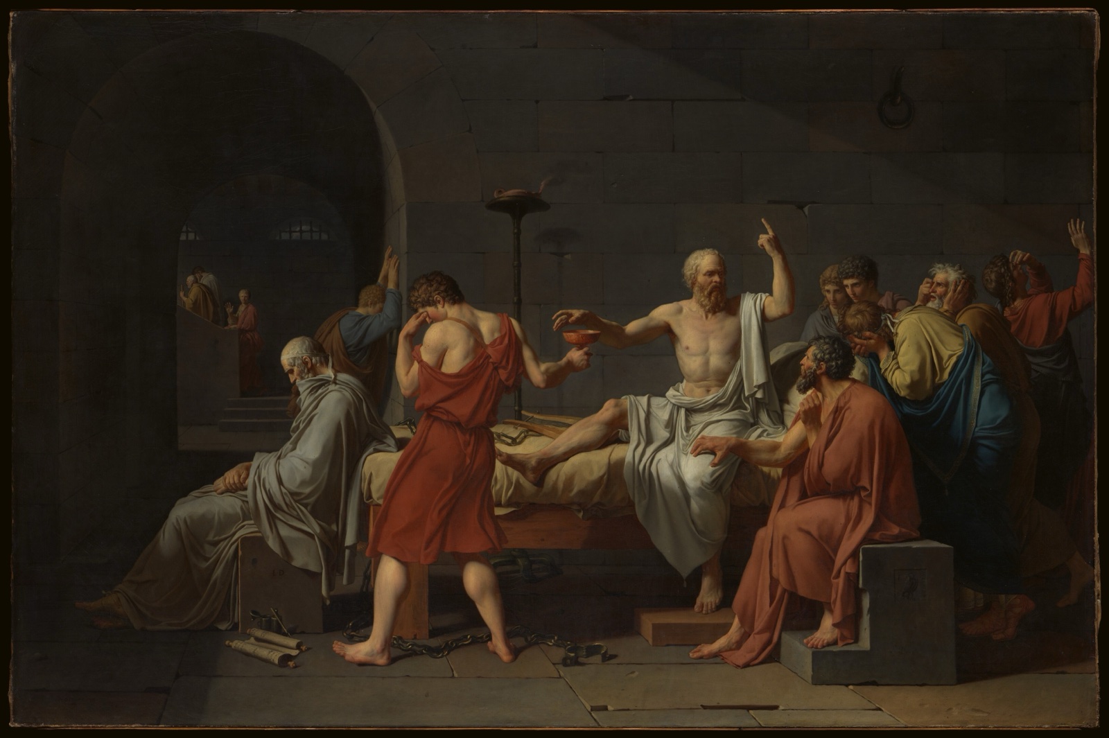 Painting of Socrates on his bed reaching for a cup, one arm raised, surrounded by grieving followers.