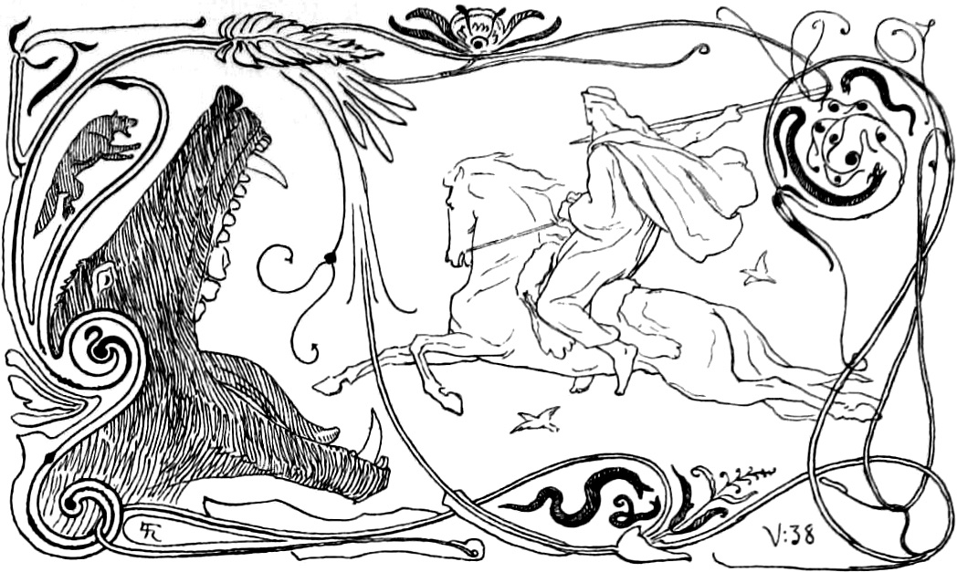 Drawing of Odin riding out to battle against the giant wolf Fenrir.