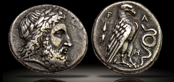 Ancient coin depicting Zeus as Basileus