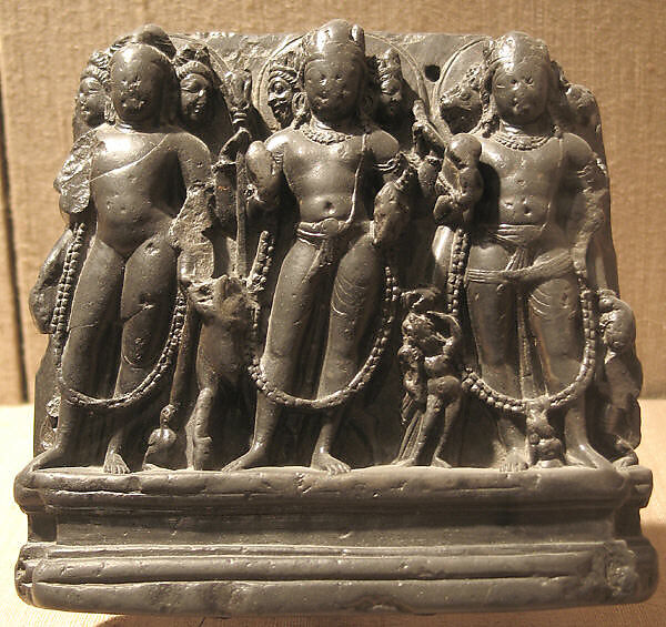 The Brahmanical Triad: Brahma, Shiva and Vishnu, Kashmir, eighth–ninth century, stone; Met 1985.85. A contextual illustration of Kashmiri sacred art, not a portrait of Abhinavagupta