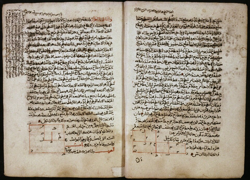 A later manuscript of al-Khwarizmi’s algebra, Bodleian MS. Huntington 214, fols. 4v–5r, showing geometrical solutions of quadratic equations