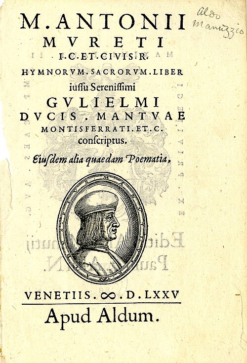 Posthumous portrait of Aldus on a 1575 title page of Muret’s Hymnorum Sacrorum Liber; British Museum 1865,0708.88