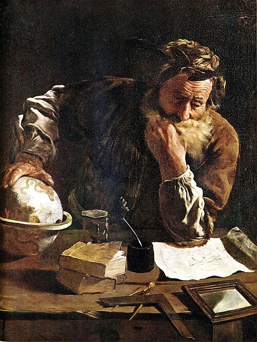 Portrait of a scholar, traditionally associated with Archimedes, by Domenico Fetti, c. 1620; an imagined likeness whose identification is qualified