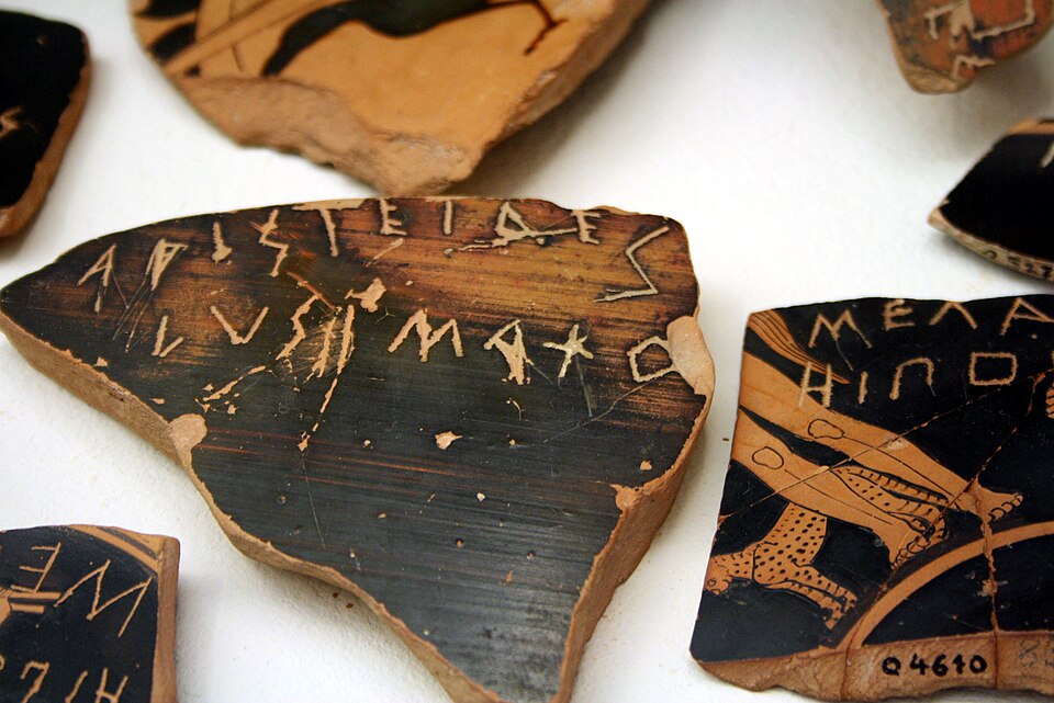 Ancient ostrakon naming Aristides, son of Lysimachos, in the Kerameikos Archaeological Museum. Photograph by Giovanni Dall’Orto