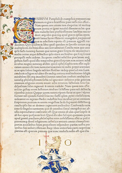 Opening page of Eusebius, De evangelica praeparatione, Nicolas Jenson, Venice, 1470, folio 1r, SMU Bridwell Library. Context illustration, not Aristobulus or his extract