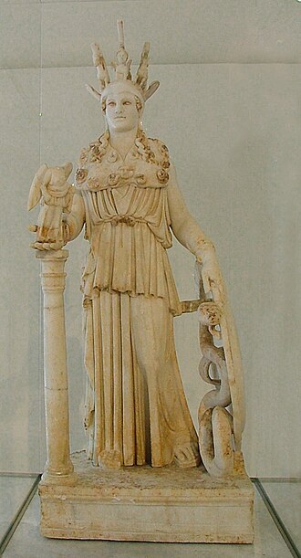 The Varvakeion Athena, a Roman-period copy of Athena Parthenos in the National Archaeological Museum, Athens. An illustration of the Athenian sacred inheritance, not a portrait of Asclepigeneia
