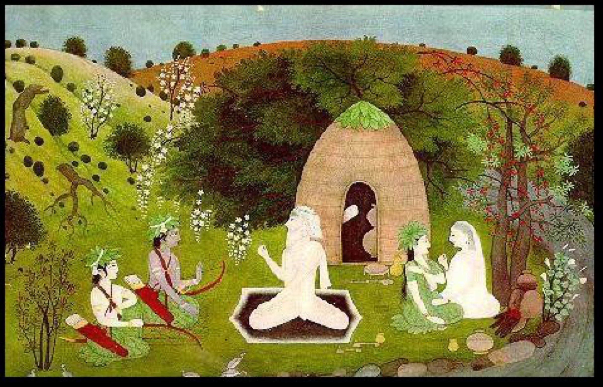 Rama, Sita and Lakshmana at the Hermitage of Sage Atri, Pahari painting, 1780–1785, Bhuri Singh Museum. A later traditional scene associated with Atri
