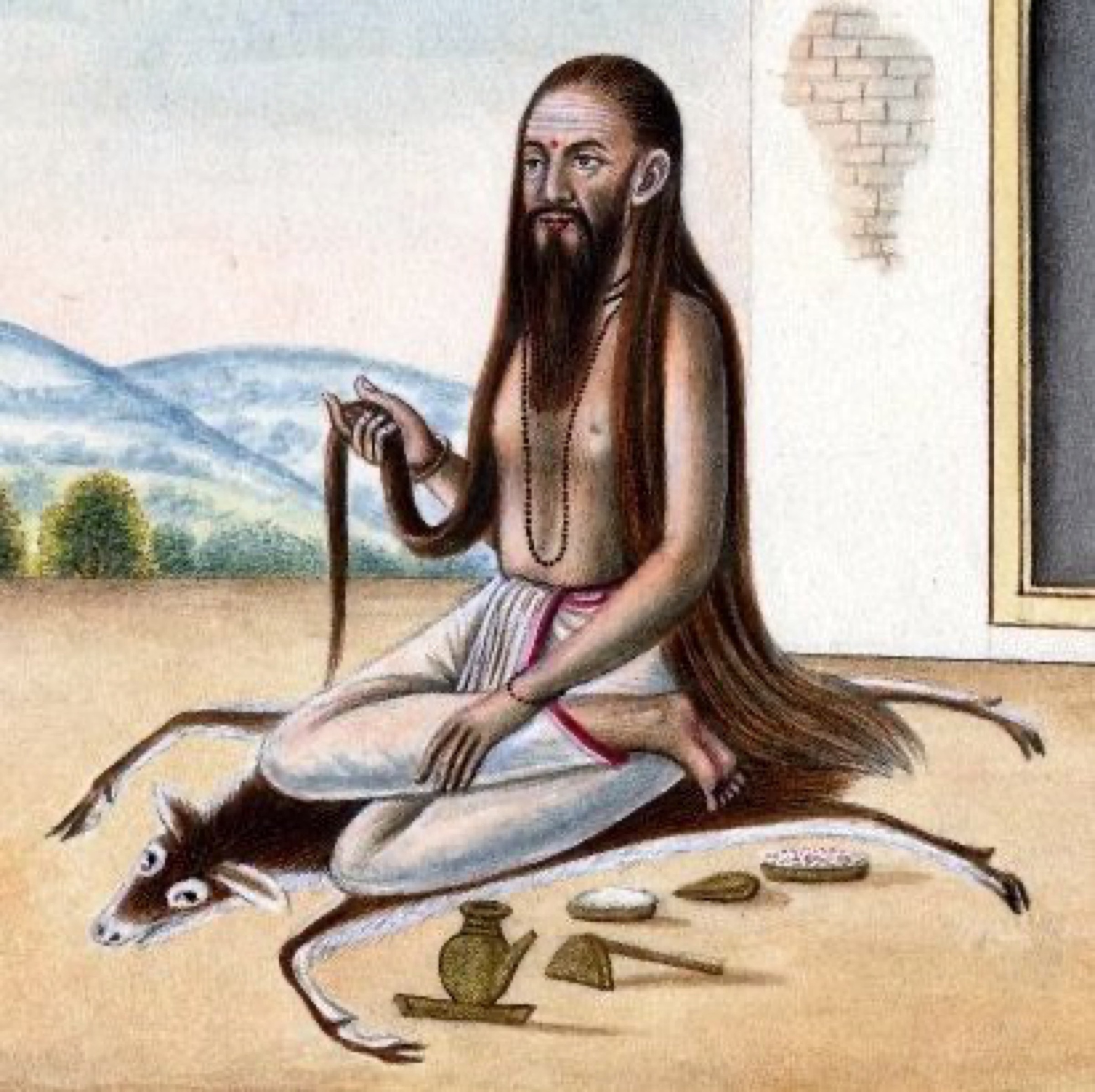 Bharadvāja, detail of an early nineteenth-century Company School watercolour in the British Museum. A traditional depiction of the sage, using the crop supplied by the source