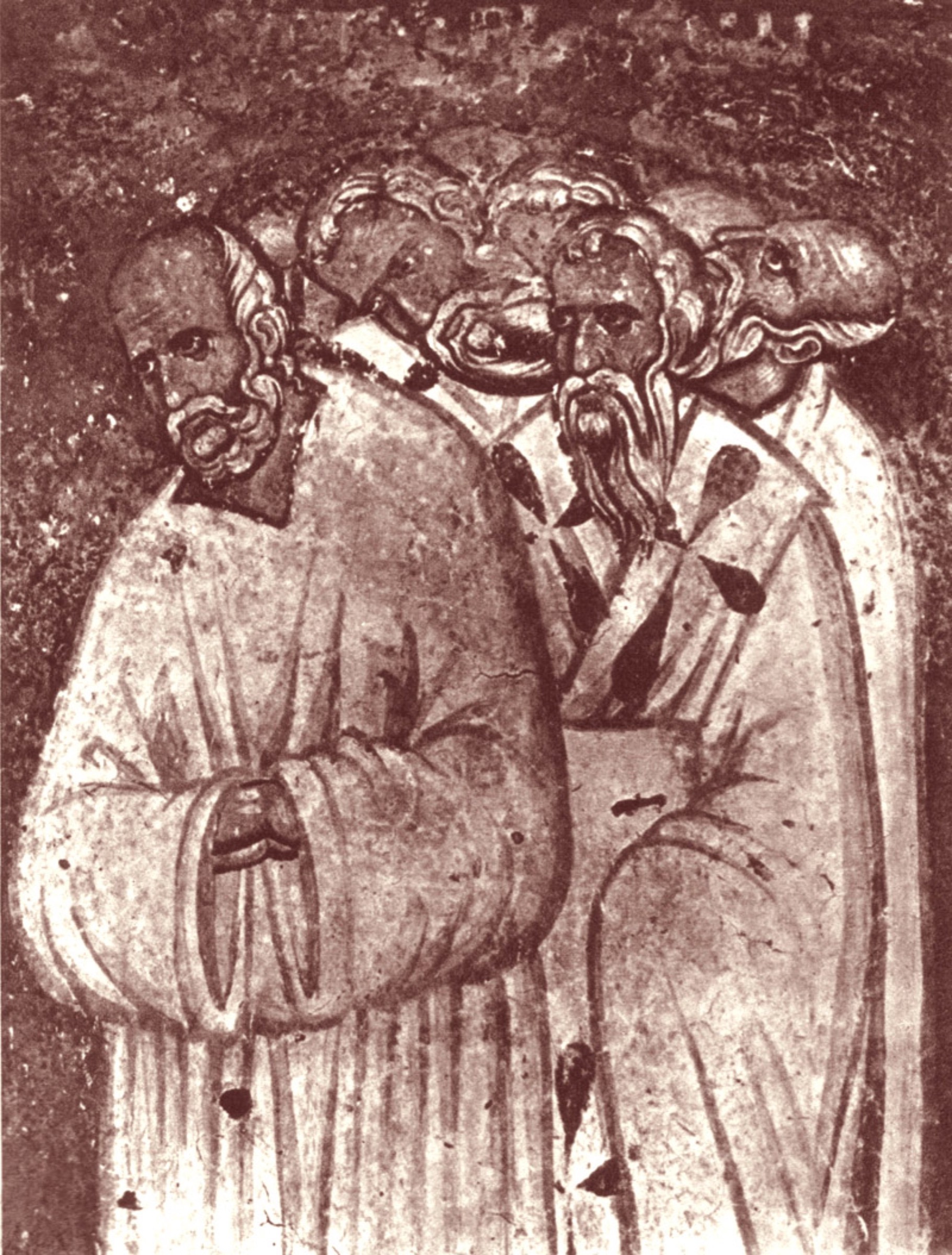 Detail of the council fresco at the Church of Saint Achillius, Arilje, around 1290, showing the condemned dissenters conventionally identified as Bogomils. This is a later ecclesiastical portrayal of the movement, not a portrait of its founder