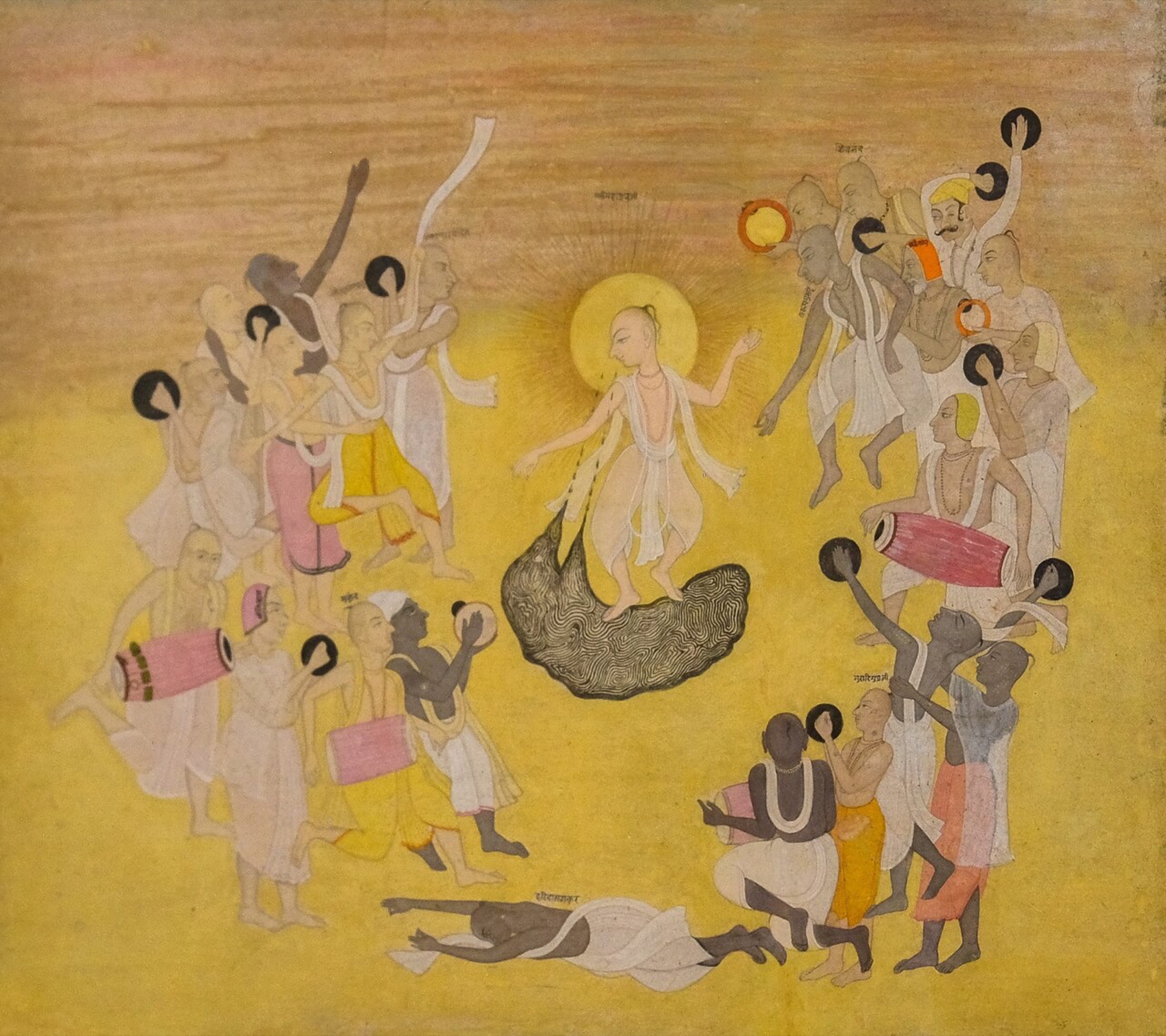 Chaitanya dancing with followers, Kishangarh, Rajasthan, around 1750; unidentified artist, Kronos Collections. A later devotional scene, not a contemporary portrait