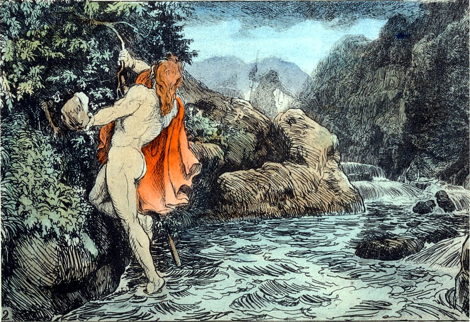 Thor’s journey towards Geirrøðr, illustrated by Lorenz Frølich and published in 1906. A later interpretation of the mythic tradition, not a portrait of Eilífr or an exact illustration of every detail in his poem