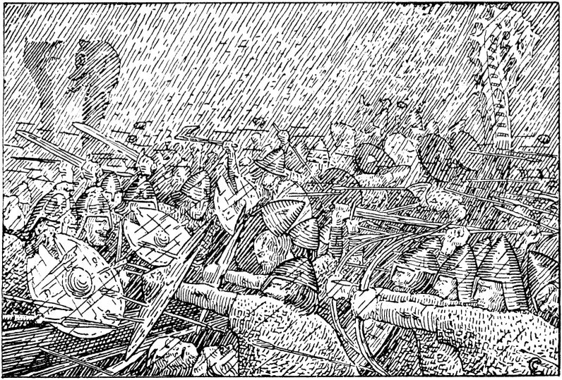 Halfdan Egedius’s 1897 illustration of the storm at Hjǫrungavágr, published in the 1899 Heimskringla. A later depiction of Hákon’s saga setting, not a likeness of Einarr
