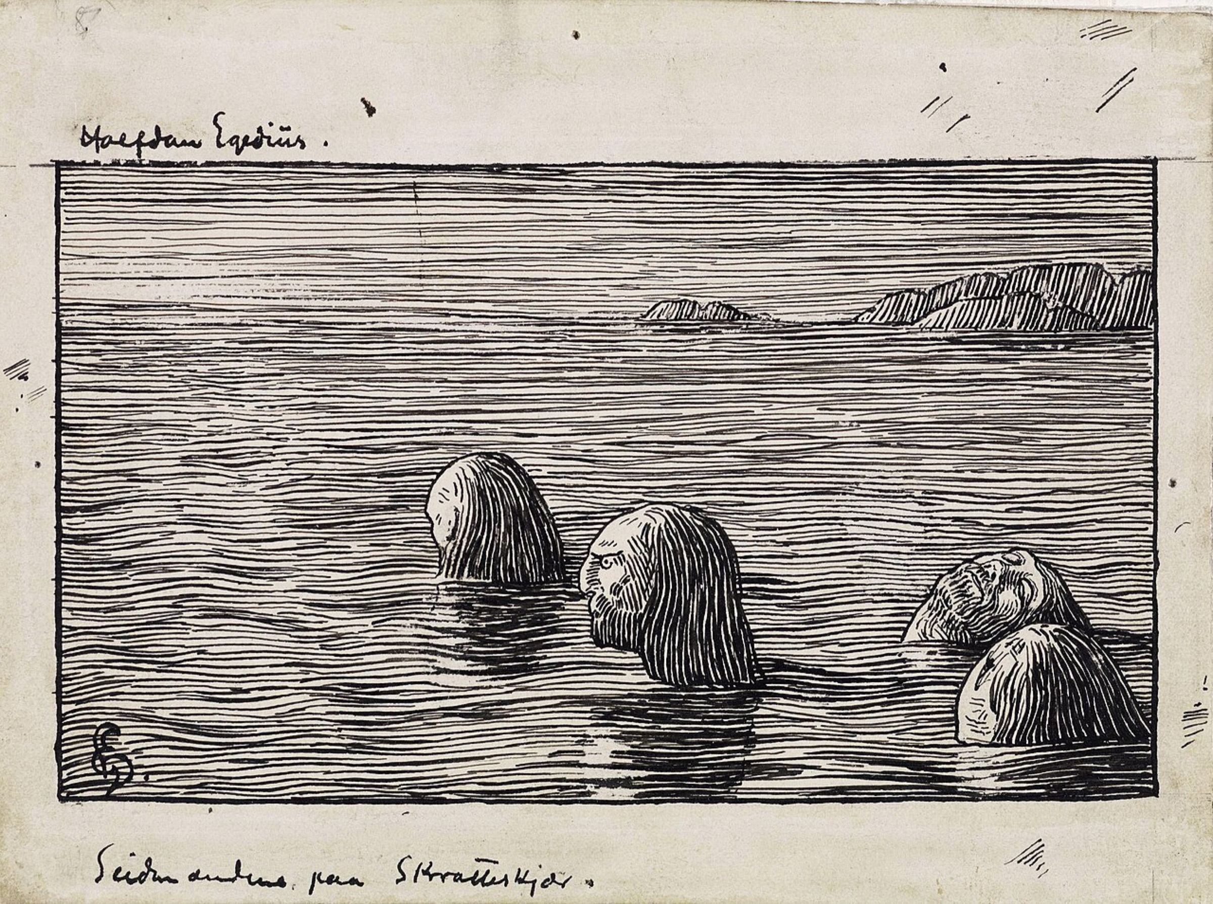 Halfdan Egedius, The Wizards at Skratteskjær, 1897–1899, National Museum of Norway. The illustration represents the saga’s fate of Eyvindr and his companions; individual faces are the artist’s invention