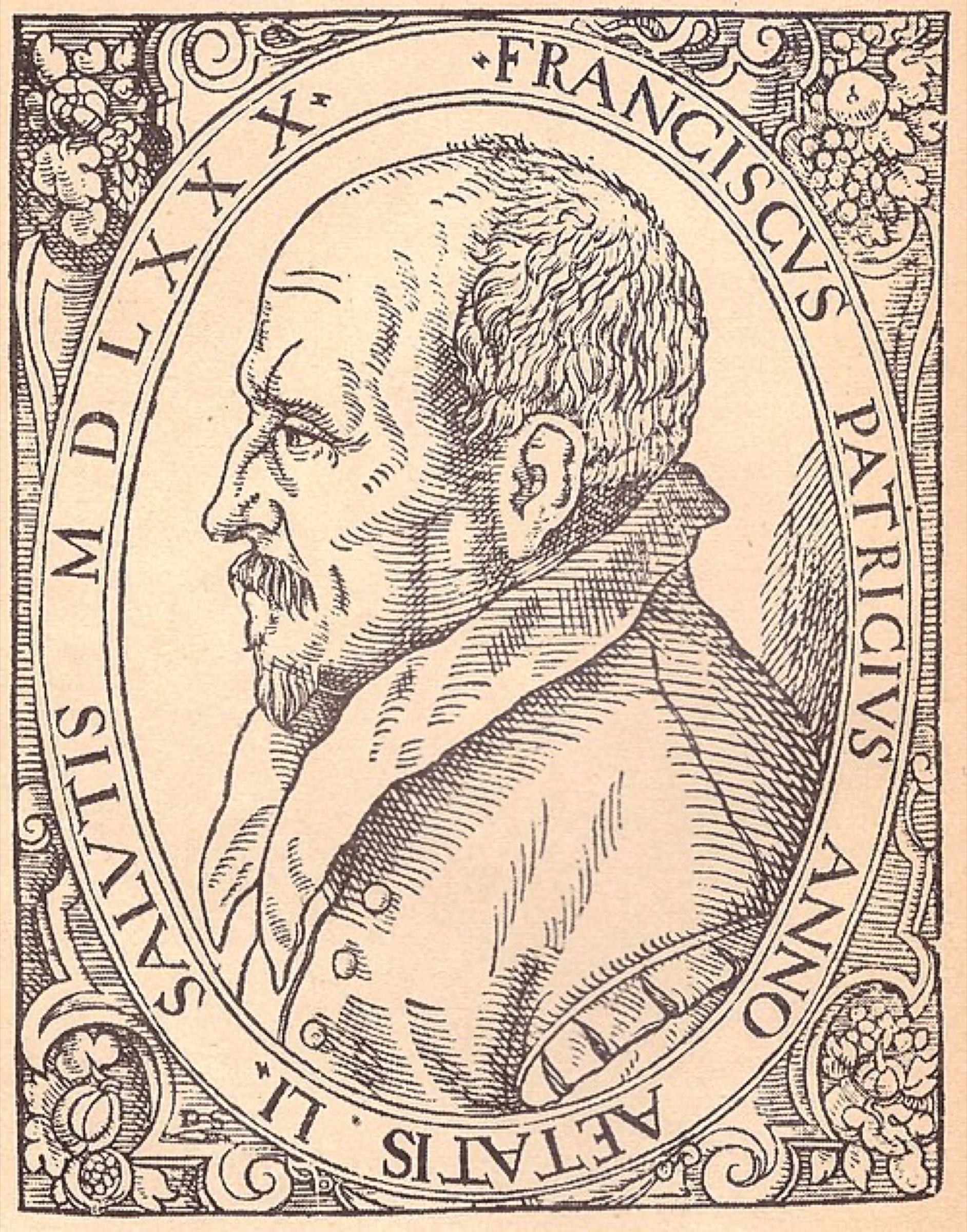 Portrait of Francesco Patrizi dated 1580 in the image record, reproduced from the 1581 Basel edition of his Discussiones peripateticae. The sitter is identified; the engraver is not securely identified. A repository-provided rendition is preserved
