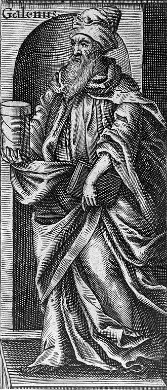 Galen holding a book and an ointment jar, anonymous seventeenth-century engraving. This is a later imagined likeness