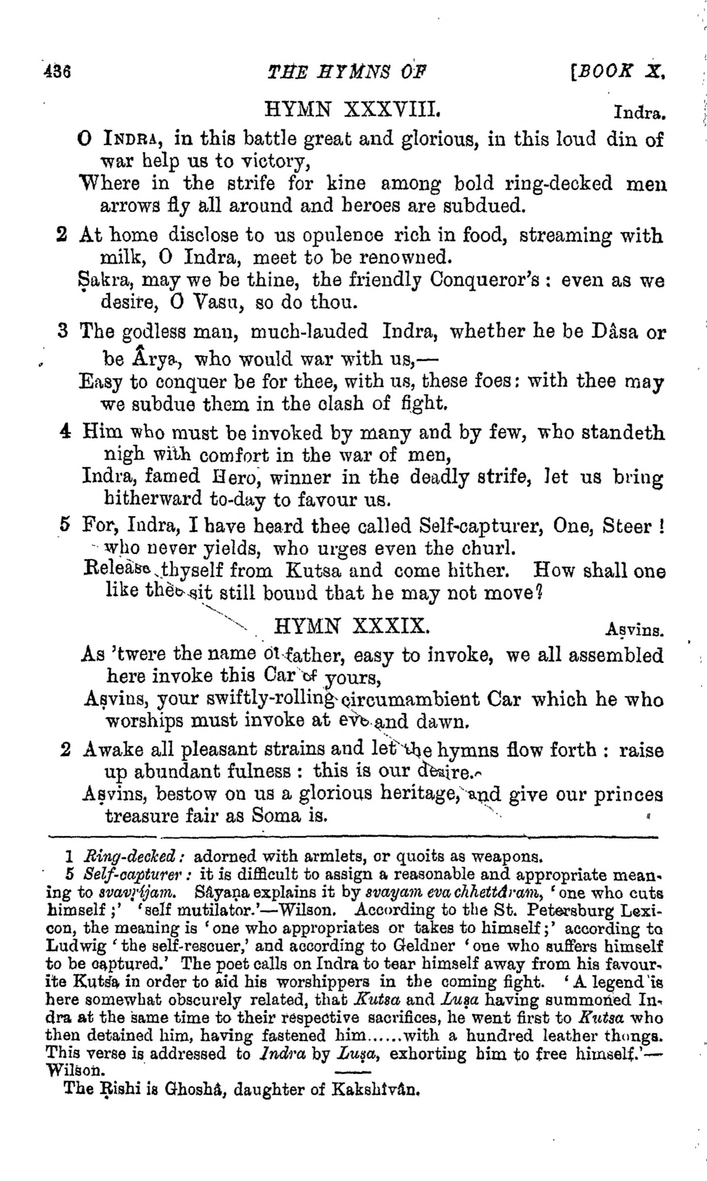 The opening of Ṛgveda 10.39 appears in the lower part of this page, with a footnote naming Ghoṣā as its seer. Griffith, The Hymns of the Rigveda, volume II, 1897, page 436. A historical printed witness, not a portrait