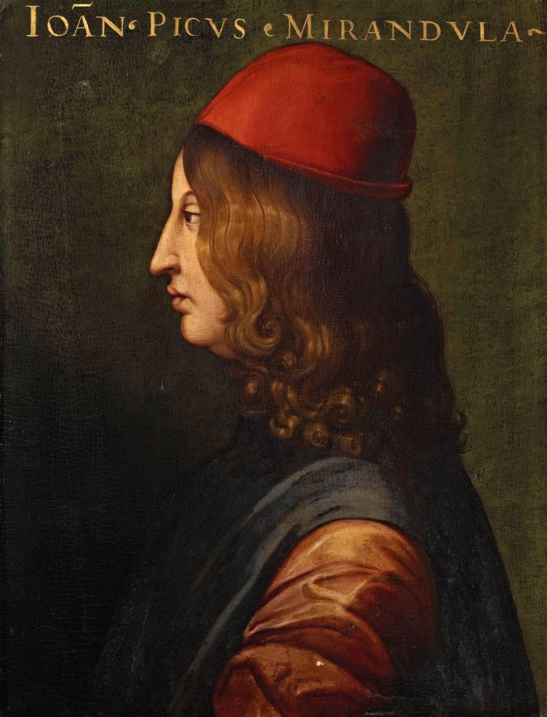 Cristofano dell’Altissimo, portrait of Giovanni Pico della Mirandola, 1552–1568, in the Uffizi’s Gioviana series. The painting postdates Pico’s life. The date follows the Italian cultural-heritage catalogue