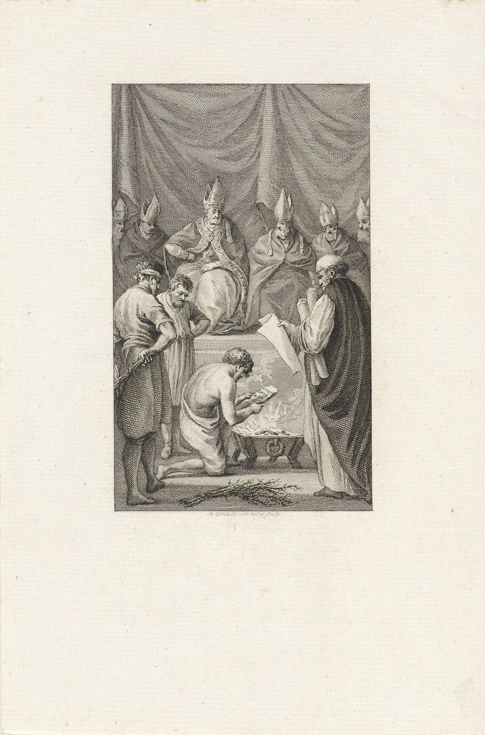 Reinier Vinkeles, Gottschalk undergoes his punishment and burns his books, 1807. Etching and engraving, Rijksmuseum RP-P-OB-64.715. A later depiction of the persecution, not an eyewitness image