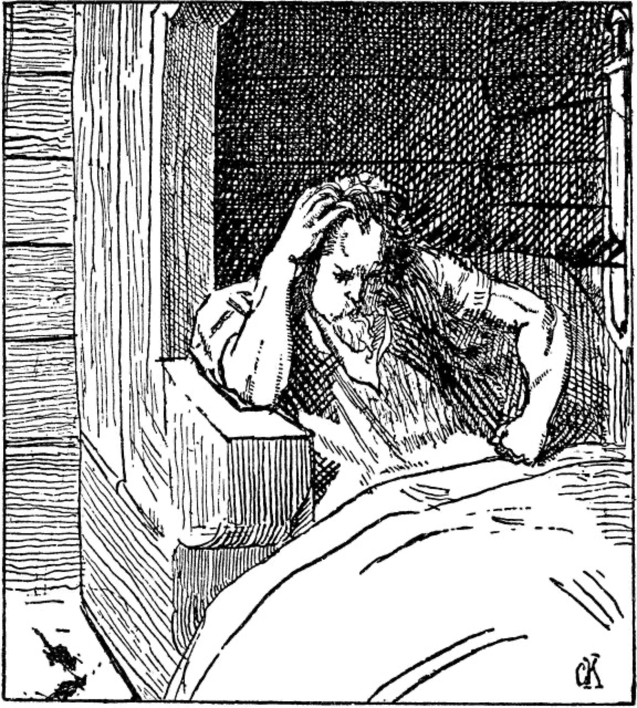 Christian Krohg’s illustration of Earl Hákon lying awake in thought, published in the 1899 Heimskringla. A later artistic representation