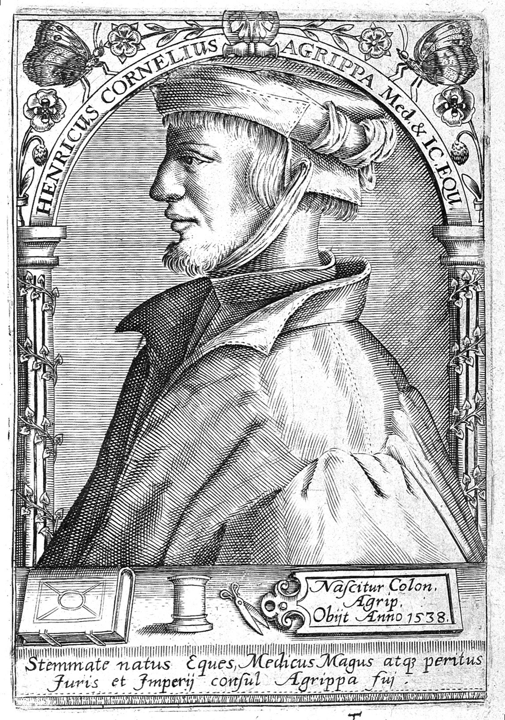 Historical print portrait identified by the Wellcome Collection as Henricus Cornelius Agrippa, image L0000100. The artist and date are not securely supplied in the image record used here. The full downloaded frame is preserved