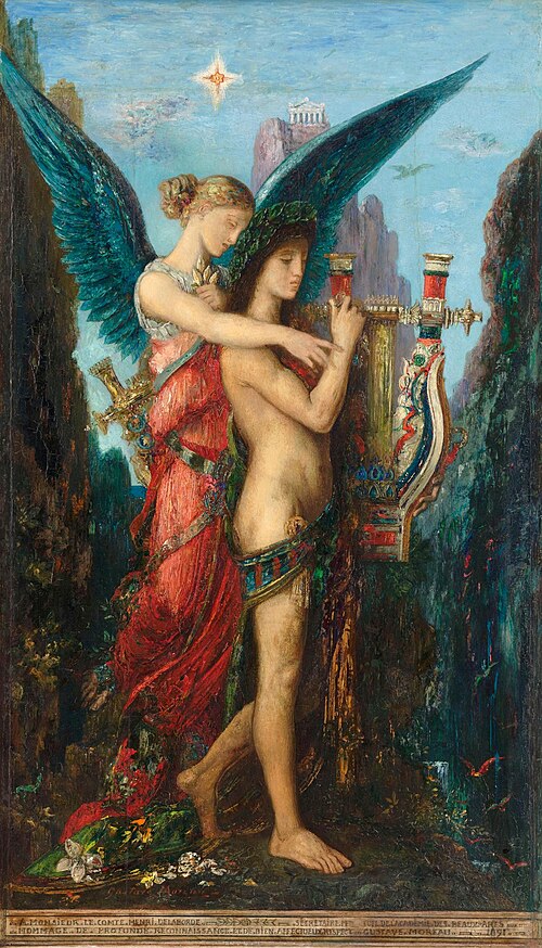 Gustave Moreau, Hesiod and the Muse, 1891, oil on panel, Musée d’Orsay. Later artistic interpretation, not a historical likeness