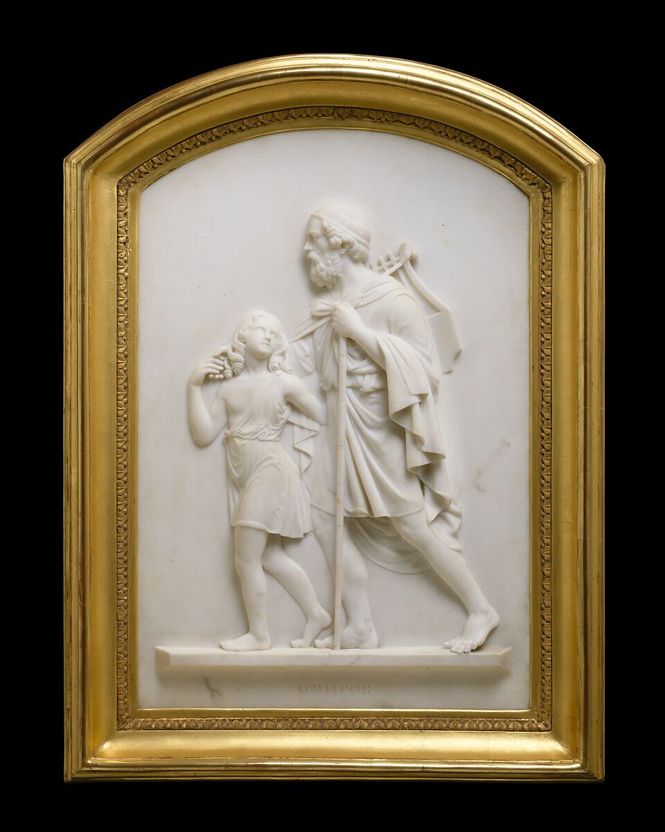 Edward Sheffield Bartholomew, Blind Homer Led by the Genius of Poetry, 1851, marble; Met 1996.74. Later artistic interpretation, not a historical likeness