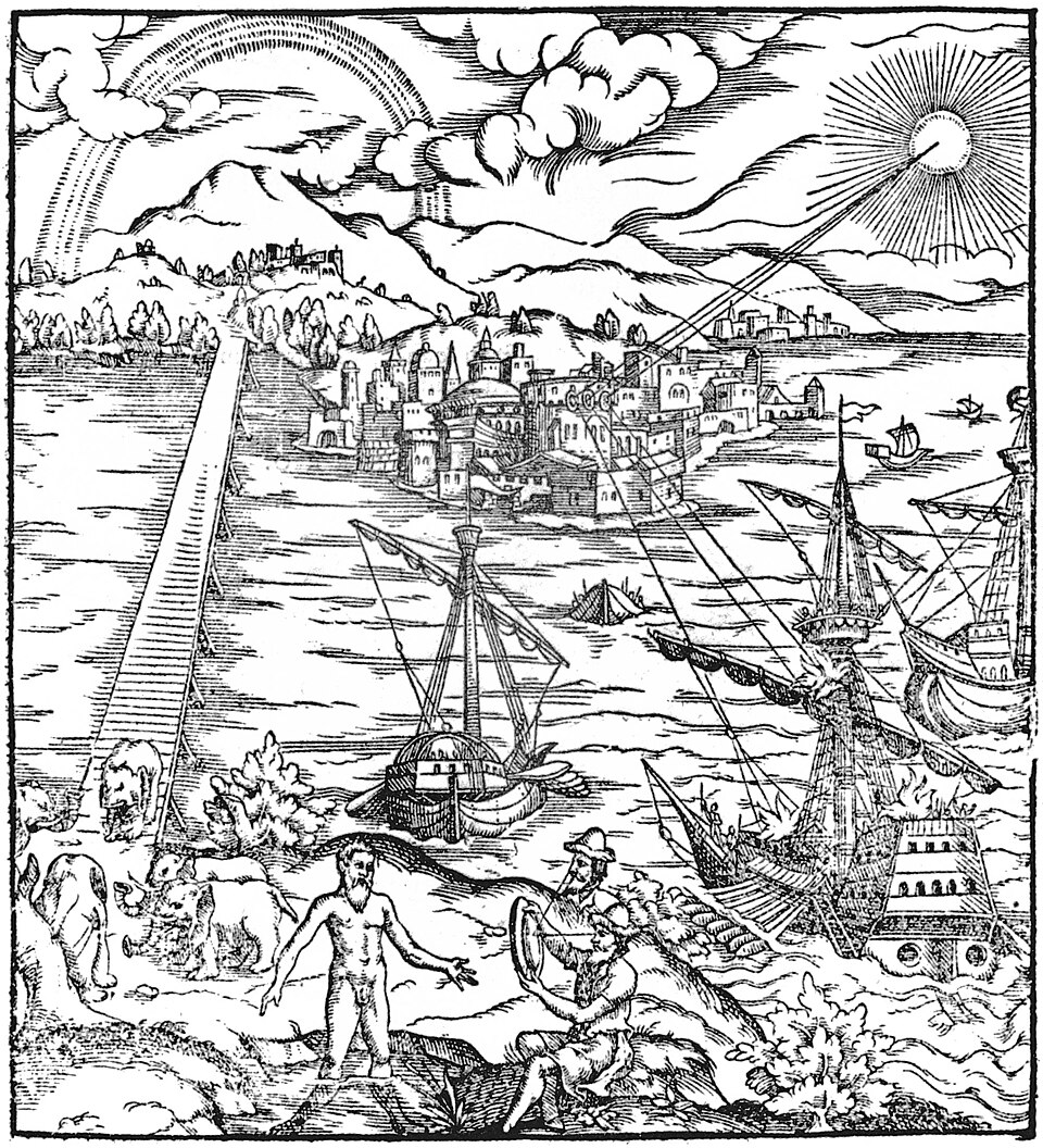 Optical imagery from the 1572 Opticae thesaurus, a Latin edition of Ibn al-Haytham’s work. The burning-mirror scene represents a later story about Archimedes, not an event established here