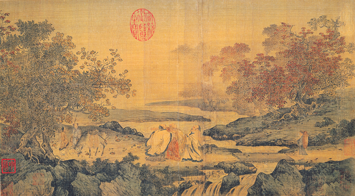 Three Men Laughing by Tiger Creek, anonymous later painting, National Palace Museum, Taipei. Lu Xiujing at left in a traditional story; not evidence that this meeting occurred