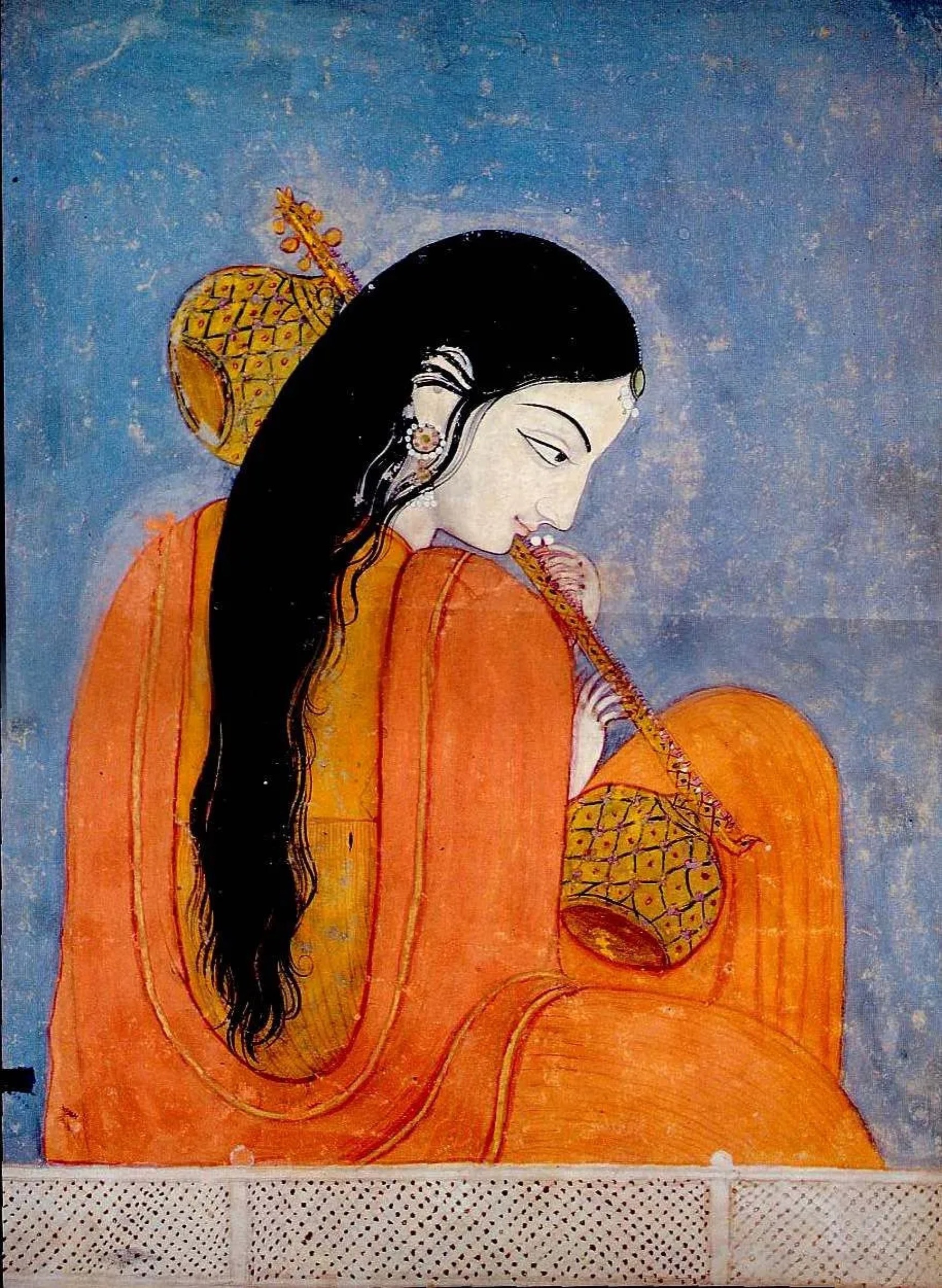 Kangra painting of Mirabai playing the veena, by an unidentified artist. The historical painting represents the devotional poet; its precise date and her actual appearance are not established by the image record