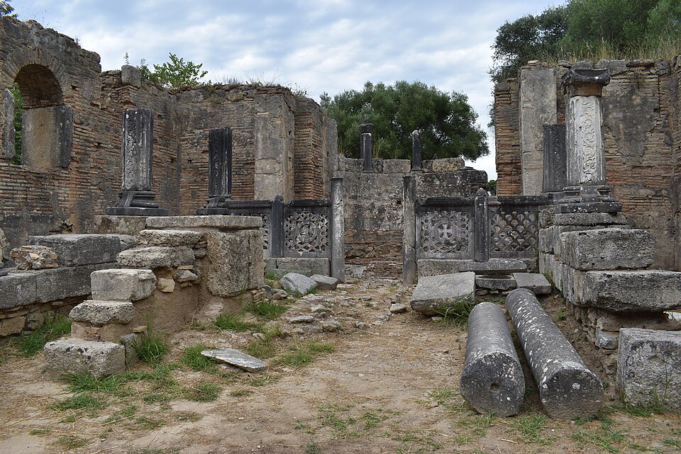 The workshop site associated with Phidias at Olympia, with remains of its later use. Photograph by Annatsach, 2019