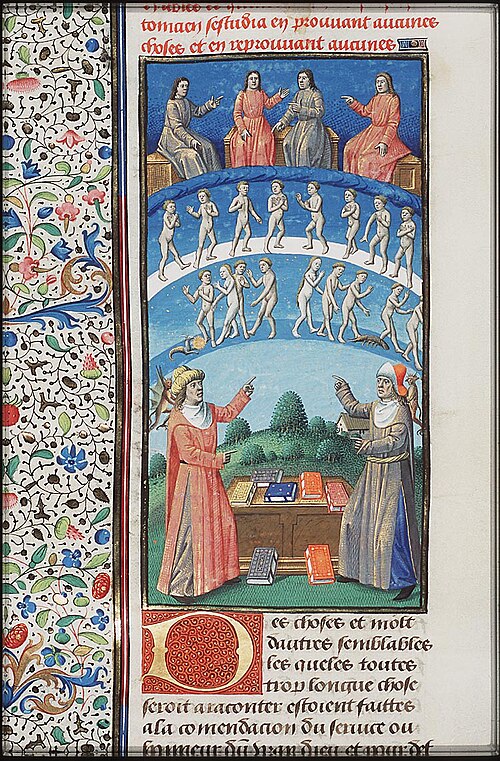 Porphyry and Plotinus in a later manuscript illumination, c. 1475–1480. An imagined medieval representation, not contemporary portraits