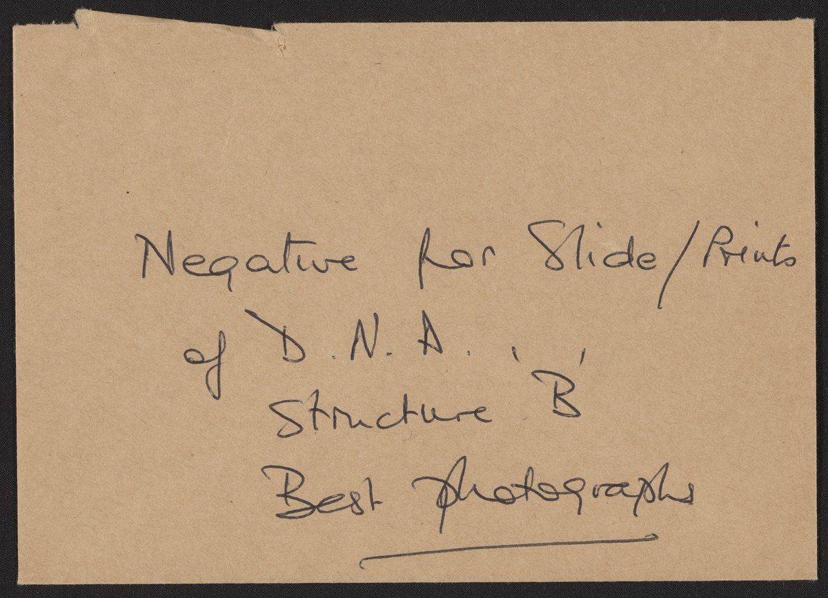 Rosalind Franklin’s 1952 envelope for B-form DNA photograph negatives and prints; authentic laboratory artifact, not a portrait